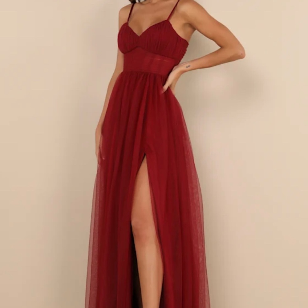 Lulus Convincingly Graceful Wine Red Tulle Sleeveless Maxi Dress - Size L